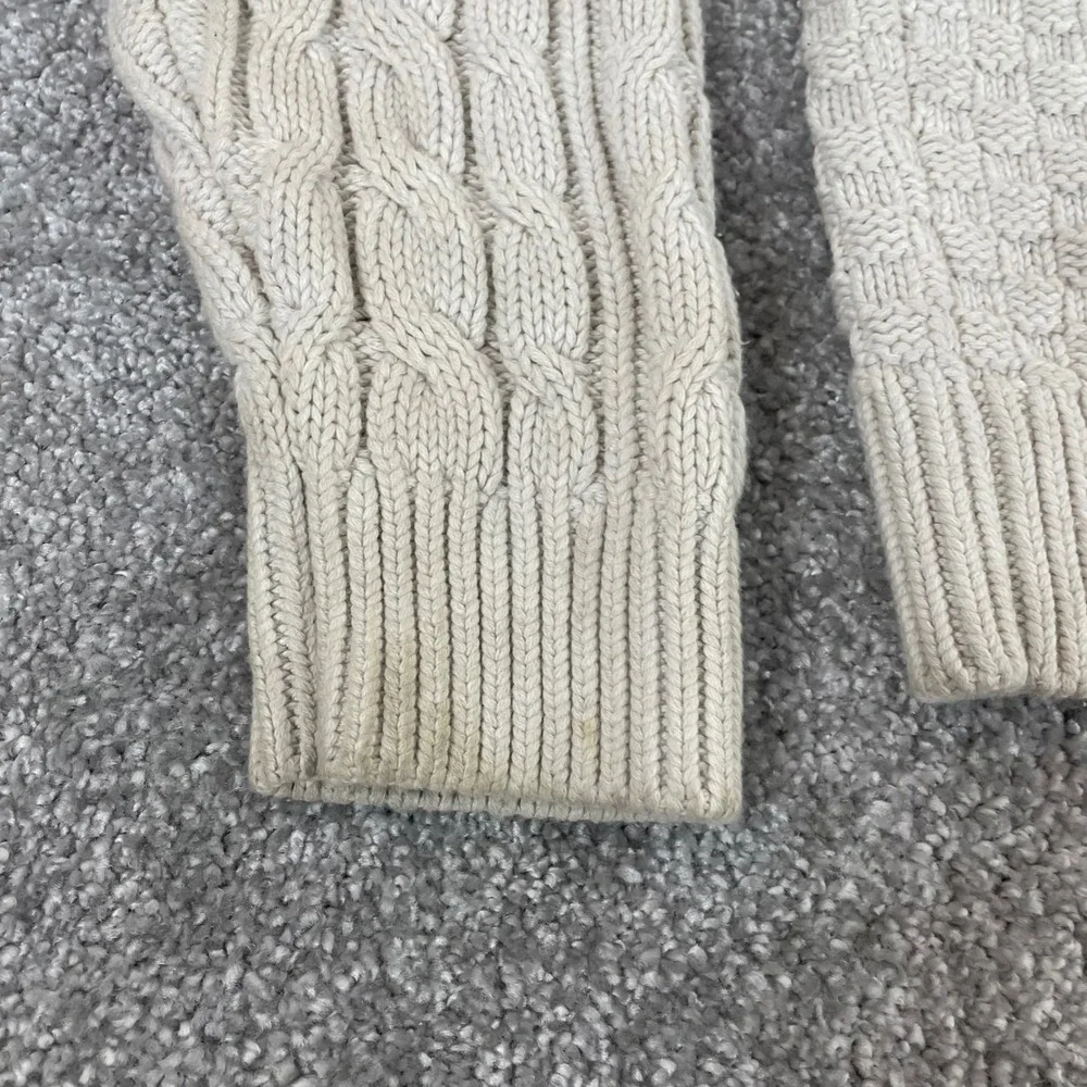 LL Bean Sweater Mens Medium Fisherman Cable Knit Cream Knot Button Mock Neck